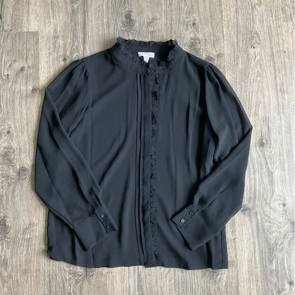 Women Calvin Klein Black Sheer Long Sleeve Blouse Size Large